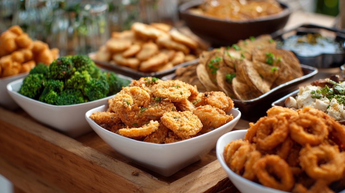 Assorted appetizers and fried snacks arranged on a serving board