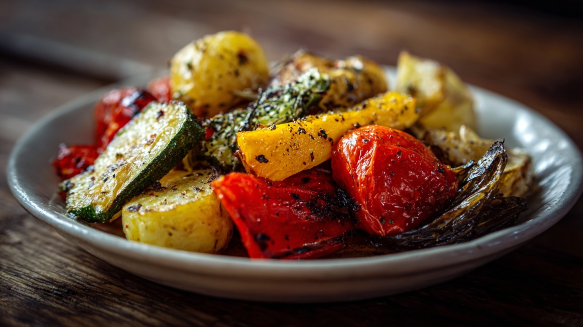 Plate of roasted vegetables including zucchini, tomatoes, peppers, and potatoes