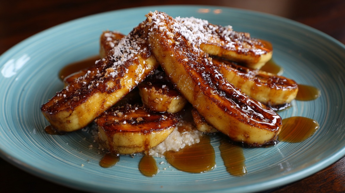 Sliced bananas caramelized in a pan, drizzled with syrup and sprinkled with sugar