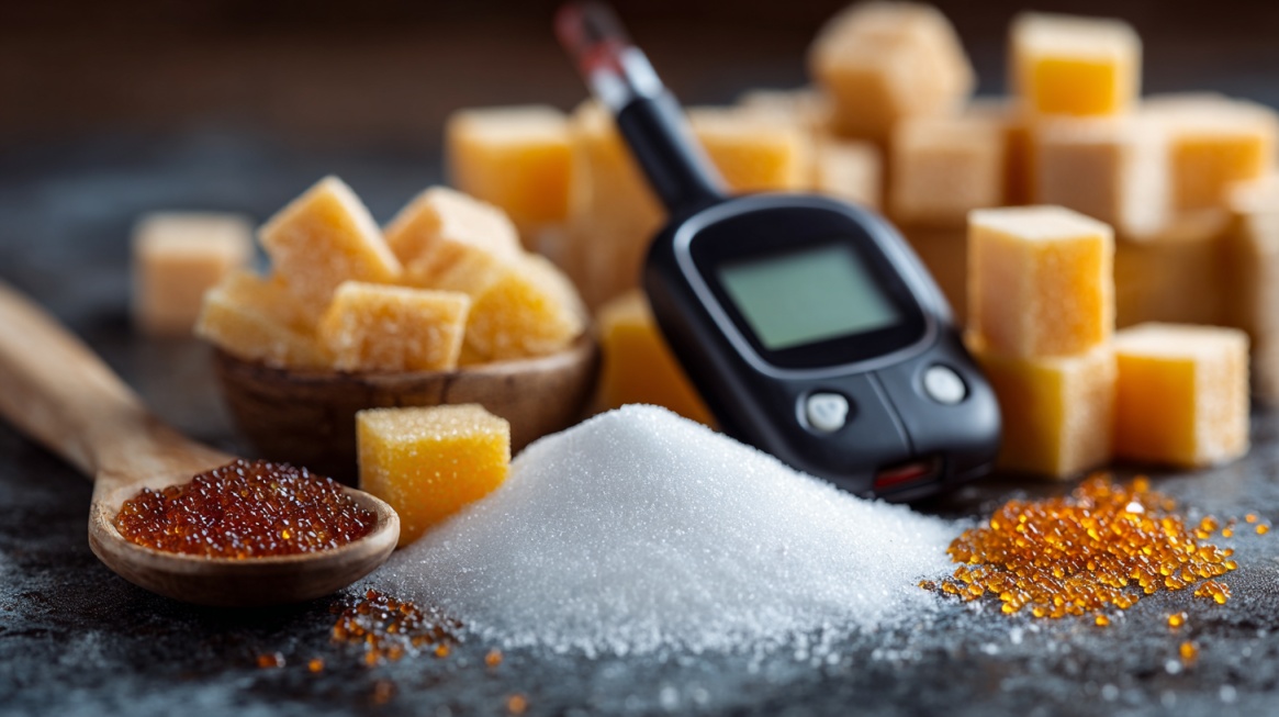Pile of sugar cubes and granulated sugar with a glucose meter in the background