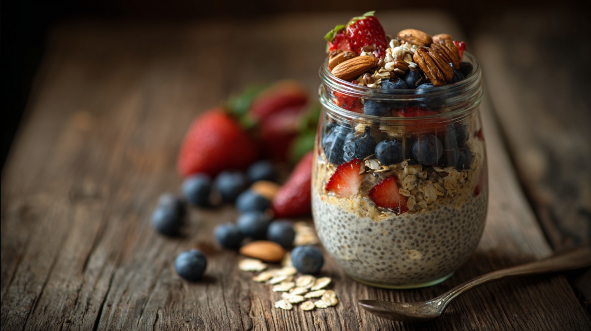 Jar of overnight oats mixed with chia seeds and topped with strawberries, blueberries, oats, and nuts