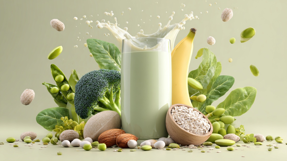 Glass of plant-based milk surrounded by green vegetables, nuts, seeds, and a banana