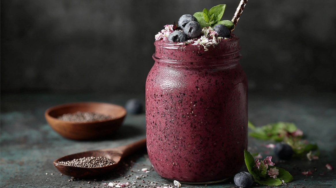 Jar of purple berry smoothie topped with blueberries and mint, with chia seeds visible throughout