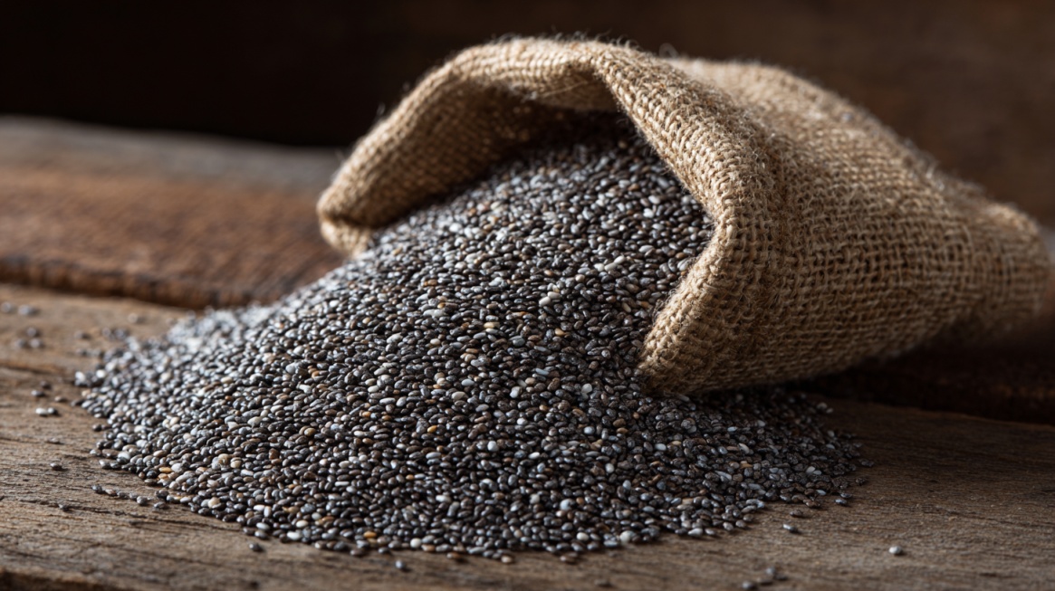 Burlap sack spilling chia seeds onto a wooden surface