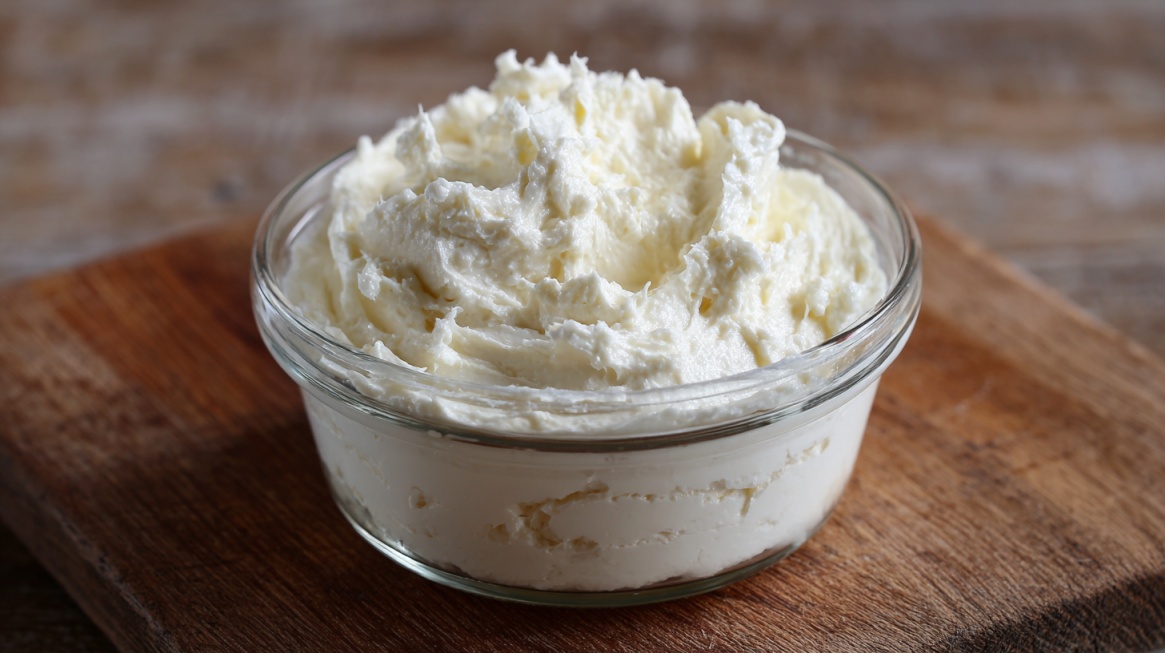 Bowl of whipped cottage cheese with a smooth, creamy texture on a wooden board