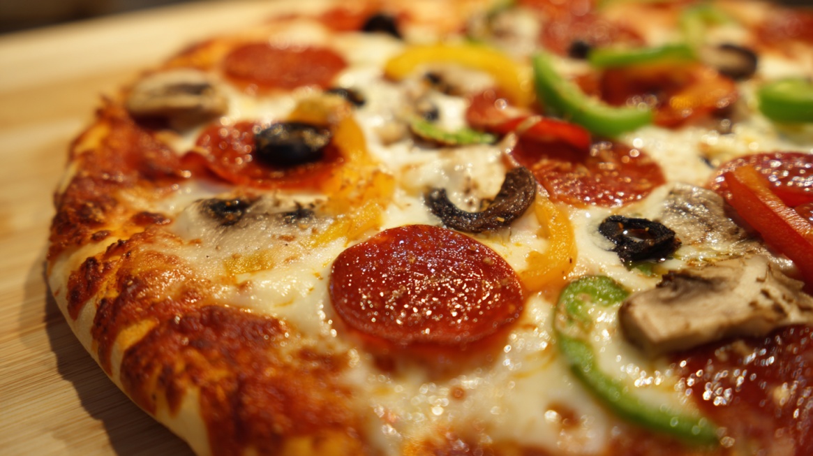 Close up of a freshly baked pizza topped with pepperoni, mushrooms, olives, and peppers