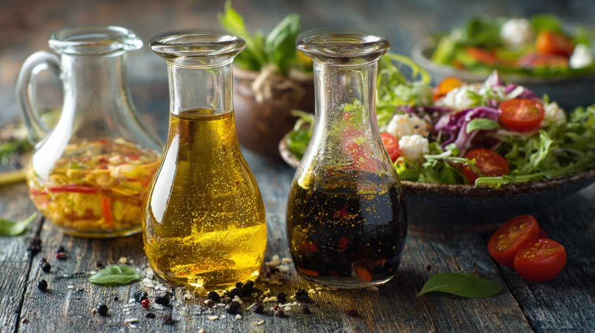 Glass bottles of oil and vinaigrette beside a fresh salad with tomatoes and greens
