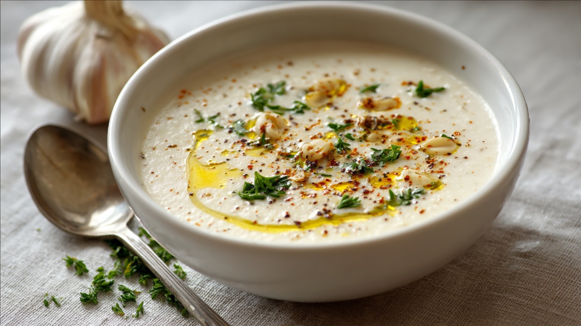 Bowl of creamy soup topped with herbs, garlic, and a drizzle of oil