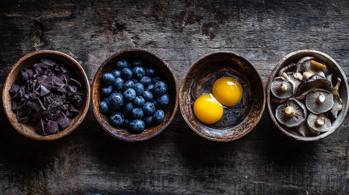 Činije sa tamnom čokoladom, borovnicama, žumancima i pečurkama na drvenoj podlozi