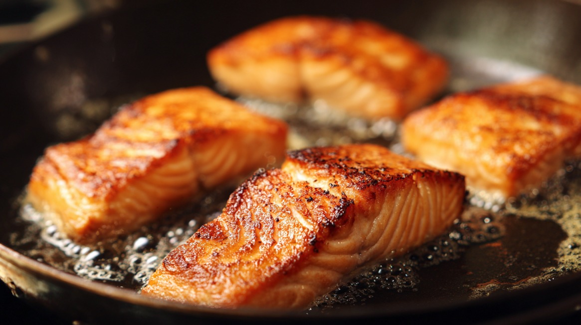 Salmon fillets sizzling in a hot skillet with a crispy golden crust