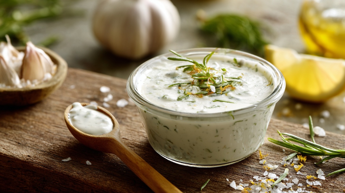 Bowl of herb-infused Greek yogurt dressing with garlic, lemon, and fresh herbs on a wooden surface