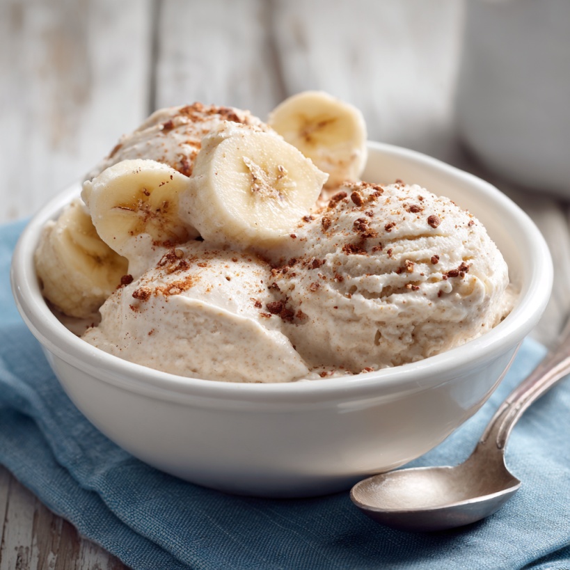 Bowl of banana ice cream with banana slices and sprinkled topping
