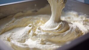 Smooth and thick banana ice cream mixture in a container being stirred