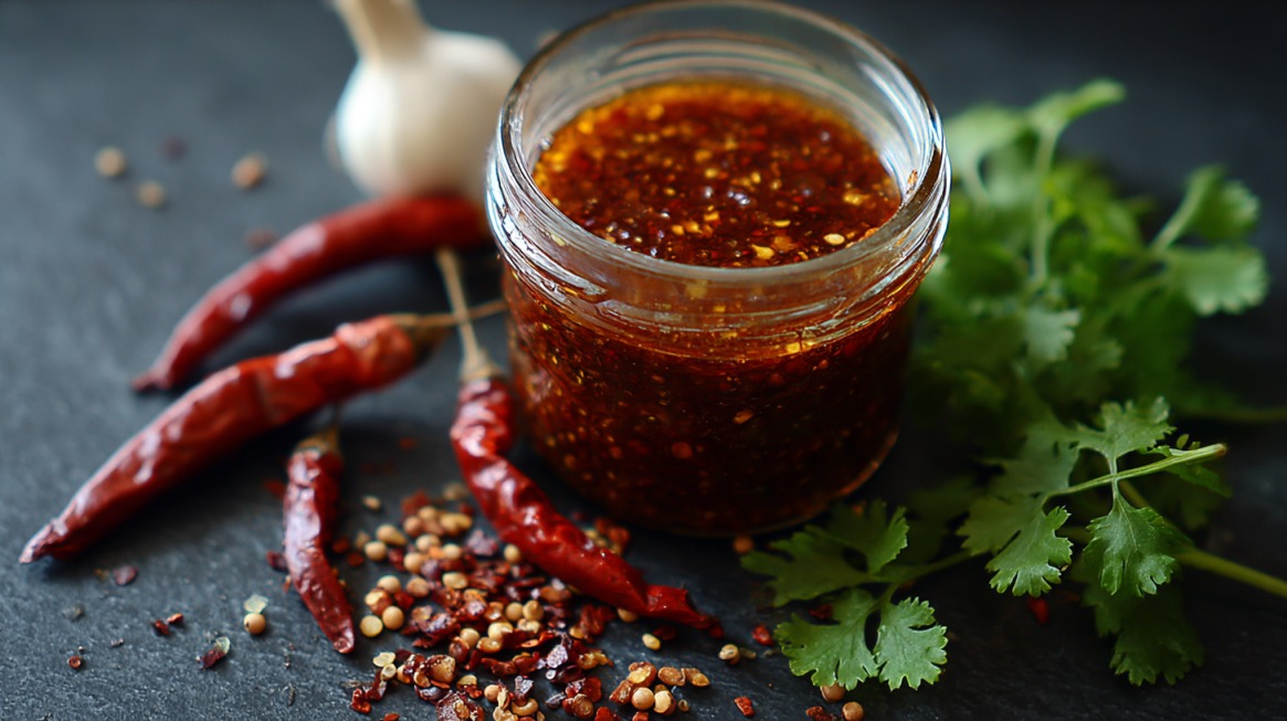 Jar of homemade adobo sauce with dried red chilies, garlic, and fresh cilantro on a dark surface