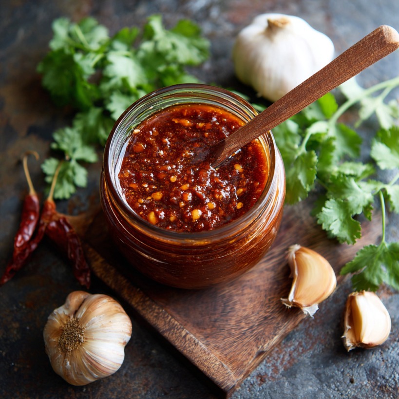 Jar of homemade adobo sauce with garlic cloves, dried chilies, and fresh cilantro nearby
