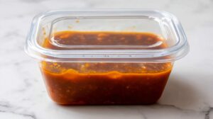 Container of homemade adobo sauce stored in a sealed plastic container