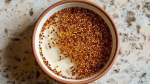 Brown and yellow mustard seeds soaking in liquid inside a ceramic bowl