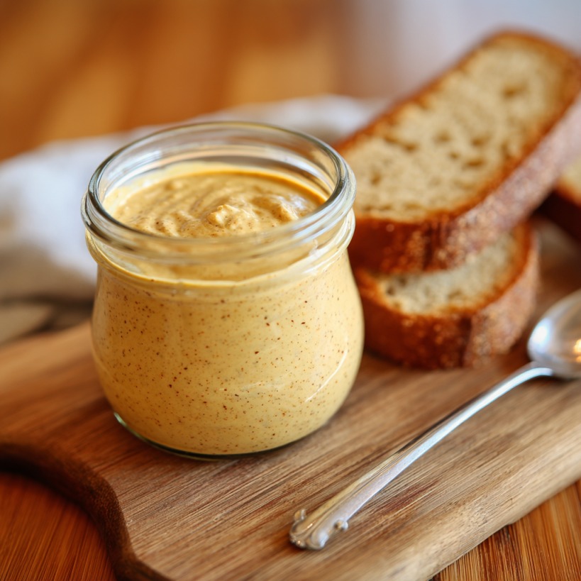 Jar of homemade Dijon mustard on a wooden board with slices of bread