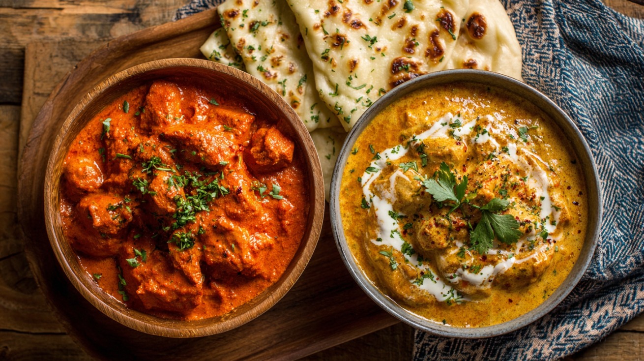 Top view of two bowls of curry on a wooden board with naan bread, one deep red butter chicken and one golden creamy chicken korma garnished with herbs