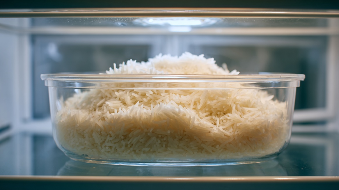 Glass container of cooked white rice placed on a refrigerator shelf