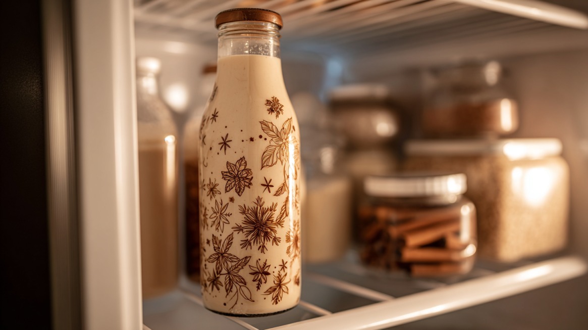 Bottle of coquito drink inside a refrigerator surrounded by jars and ingredients