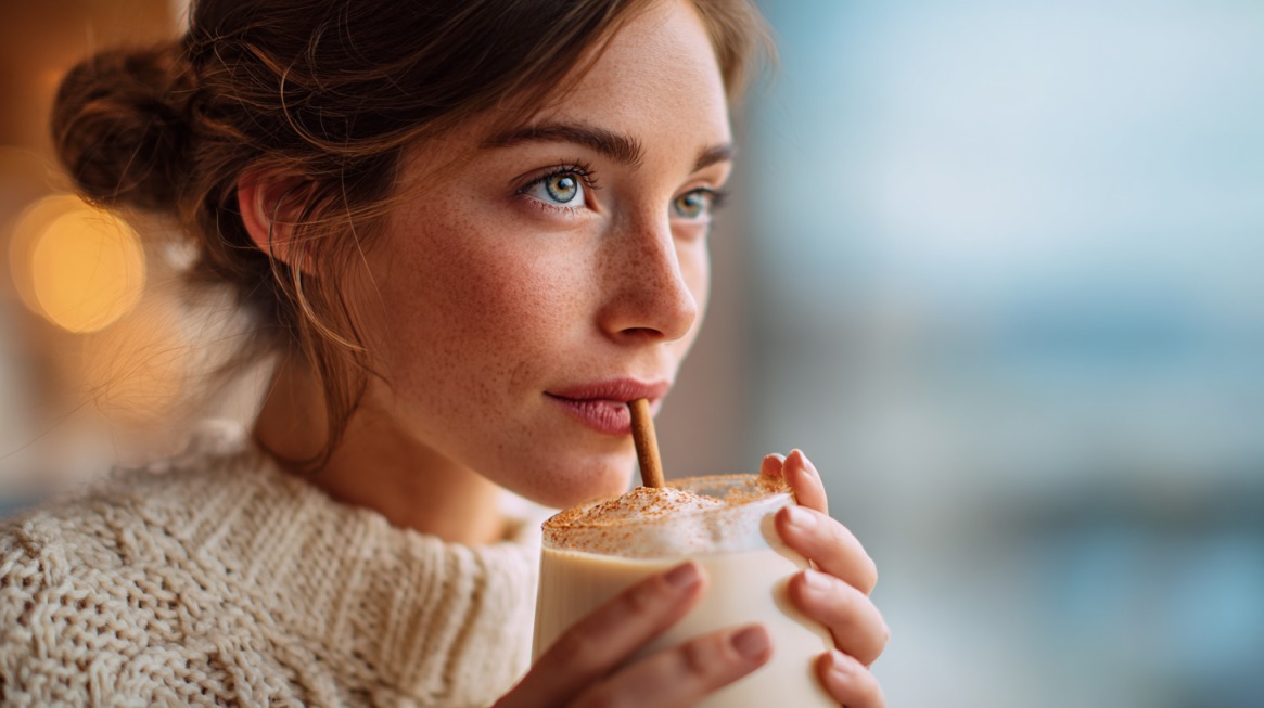 Woman drinking a creamy coquito beverage topped with cinnamon