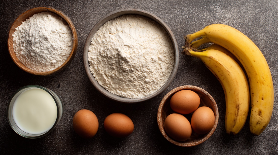 Flour eggs milk and ripe bananas arranged on a table