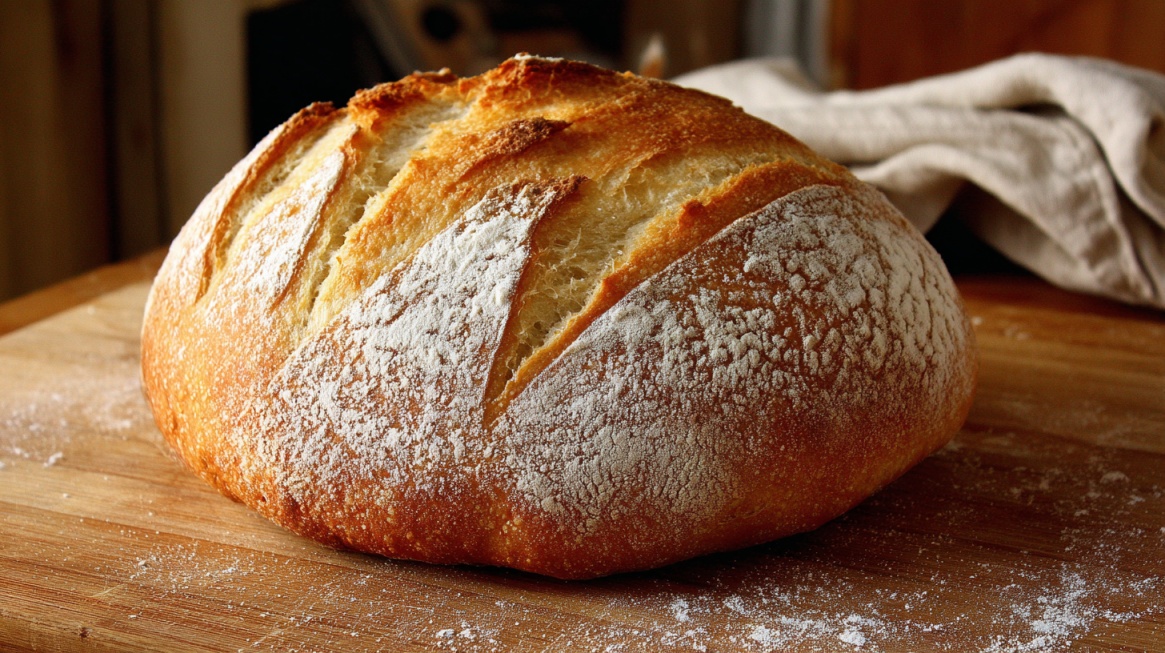 Sveže pečen okrugli hleb sa brašnom po kori na drvenoj dasci