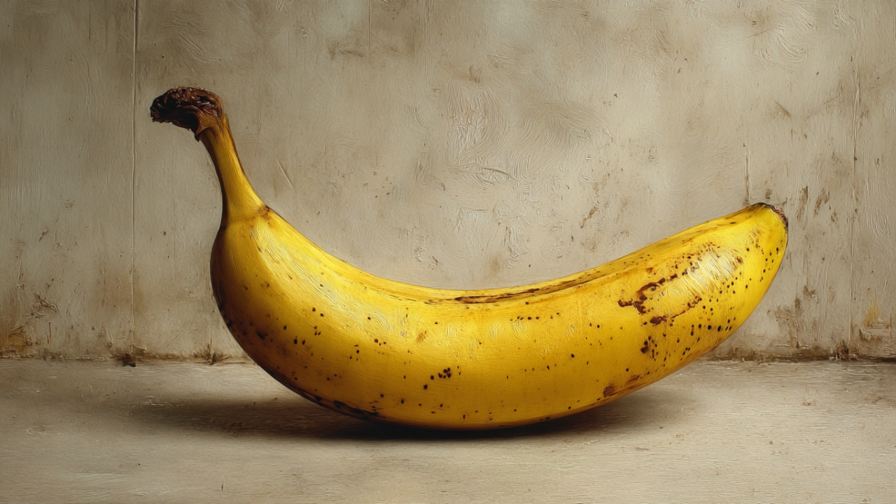 Zrela banana sa tamnim tačkicama leži na ravnoj površini ispred neutralne pozadine