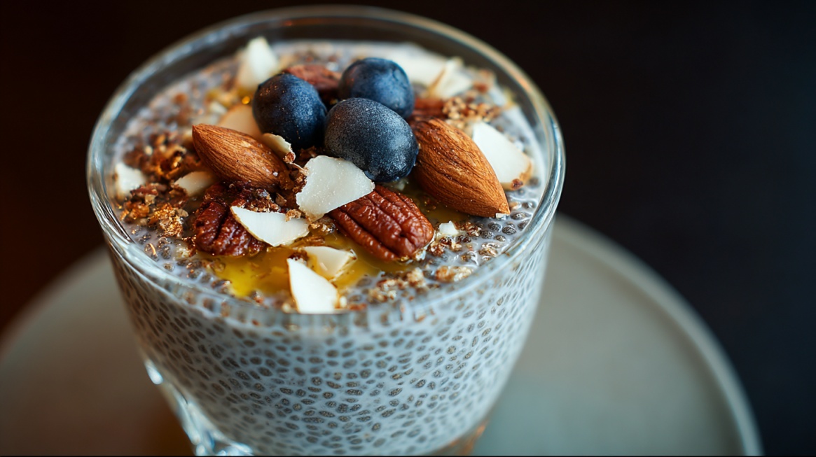 Glass of chia pudding topped with blueberries, almonds, pecans, coconut flakes, and honey