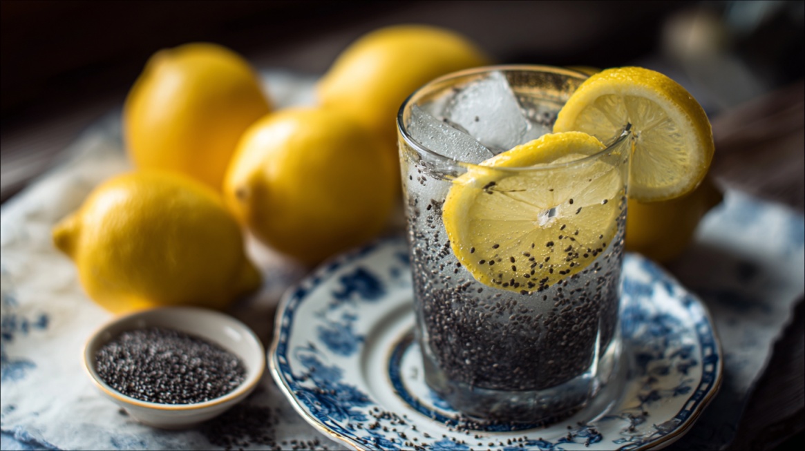 Glass of lemon water with chia seeds and ice, garnished with lemon slices
