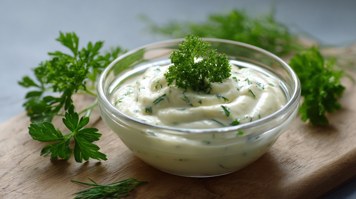 Bowl of mayonnaise mixed with fresh herbs, garnished with parsley on a wooden surface