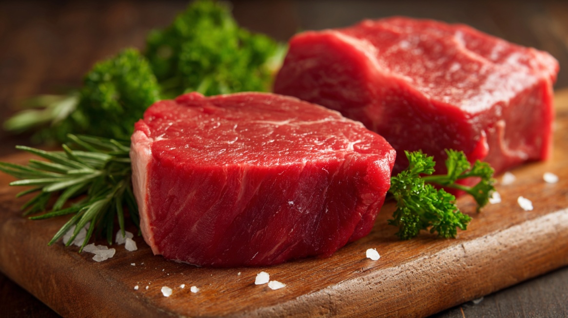 Sveži komadi crvenog mesa sa začinima na drvenoj dasci