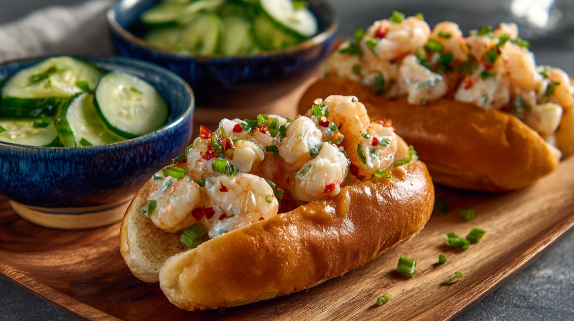 Shrimp rolls in toasted buns served with cucumber slices and fresh herbs