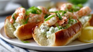 New England style shrimp rolls in toasted buns topped with green onions and served with lemon wedges