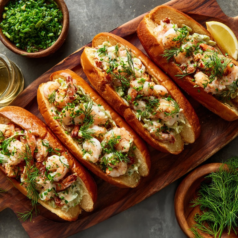 Four shrimp rolls filled with creamy shrimp salad and topped with dill and chives