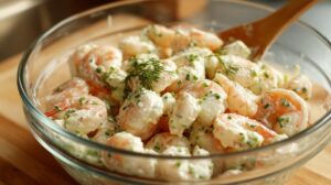 Bowl of shrimp mixed with creamy dressing, dill, and chives