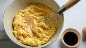 Bowl of cookie dough mixture with whisk and added ingredients