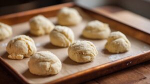 Cookie dough portions placed on a baking tray lined with parchment paper