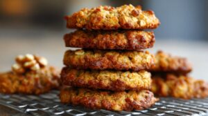 Stack of golden oatmeal cookies cooling on a wire rack