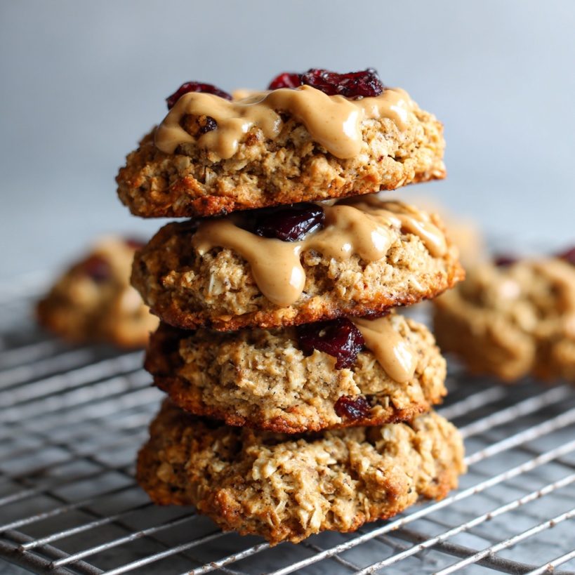 Stack of oatmeal protein cookies with drizzle and dried fruit on top