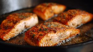 Salmon fillets searing in a skillet with herbs and seasoning
