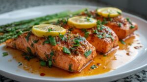 Pan-seared salmon fillets topped with lemon slices and parsley, served with asparagus
