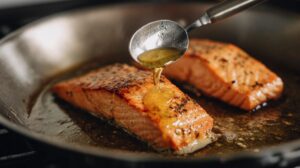 Spoon pouring melted butter over salmon fillets in a skillet