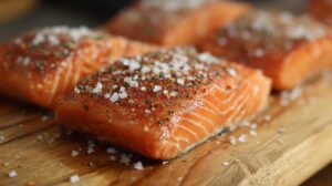 Raw salmon fillets sprinkled with salt and spices on a cutting board