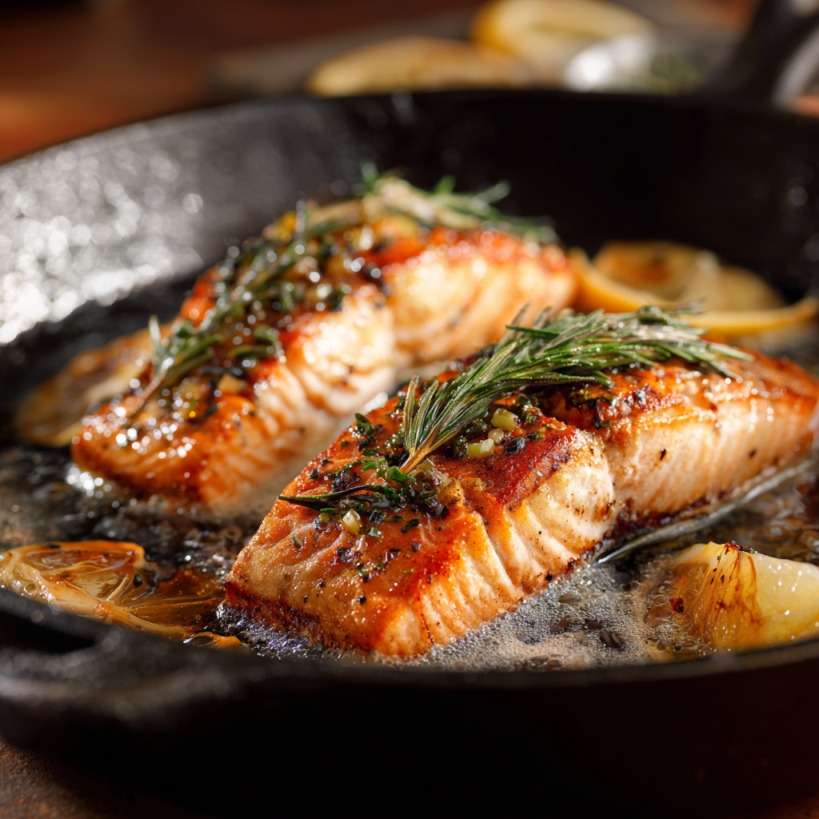 Salmon steaks searing in a skillet with rosemary and lemon slices