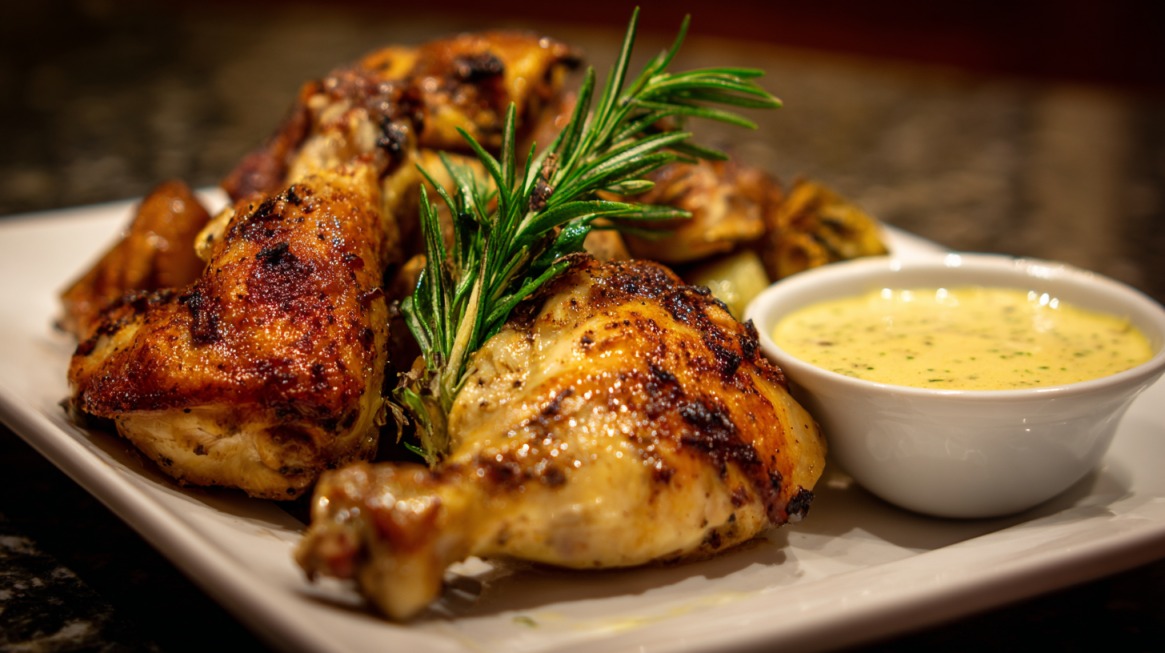 Roasted chicken legs garnished with rosemary served with a side of Dijon mustard sauce