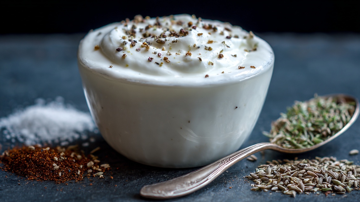 Bowl of plain yogurt topped with spices and herbs, with seasonings arranged nearby