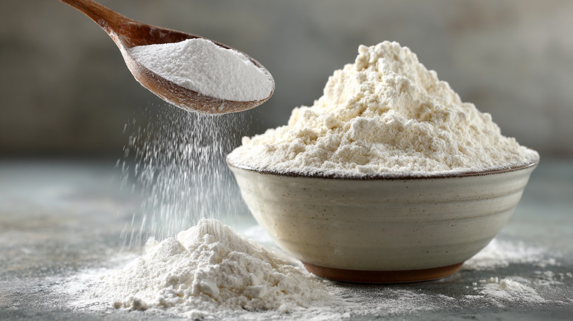 Bowl of flour with a wooden spoon sprinkling more flour over it