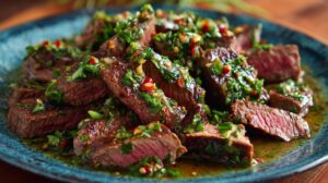 Sliced medium-rare steak topped with fresh chimichurri sauce on a plate